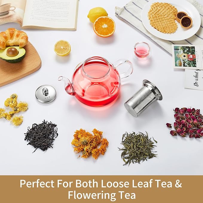 DOPUDO 40OZ (1200ML) Glass Teapot with Infuser Stovetop Safe, Clear Glass Tea Pot Kettle, Borosilicate Tea Pot with Infusers Filter for Loose Tea, Tea Kettle Dishwasher Safe.