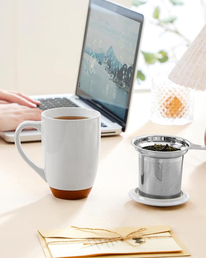 MALACASA Ceramic Tea Mug with Lid and Stainless Steel Infuser, 18 oz Large Tea Cup for Loose Leaf Tea, Heat-Resistant, Microwave & Dishwasher Safe, Speckled Glaze Coffee & Tea Brewer Mug, Khaki White