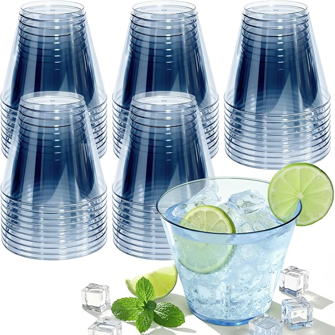 Glowserve 9 OZ Blue Disposable Plastic Cups Cocktail Cup 150 Pack | Fancy Cocktail Cup,Stemless Wine Glass,Wedding Wine Glasses,Graduation Birthday,World Cup,Party Essentials