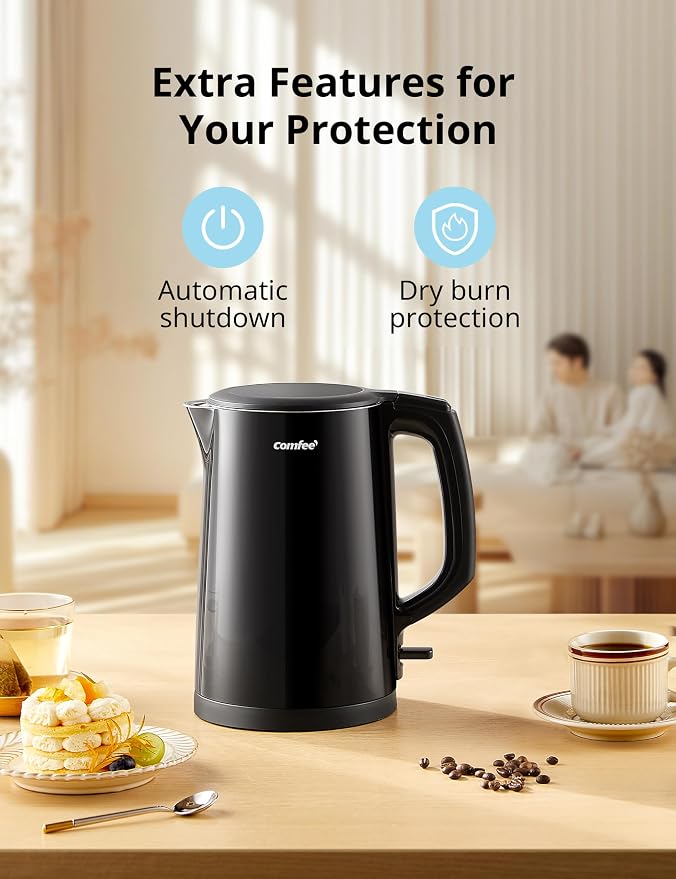 COMFEE' Stainless Steel Double Wall Electric Kettle 1.5L, Black