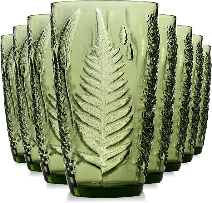 Green Drinking Glasses Set of 8, 16 oz Glass Cups, Vintage Fern Glassware | Hand-Pressed, Dishwasher Safe, Boho Leaf-Textured Drinkware, Colored Embossed Highball Tumblers for Water, Retro Kitchen Gift