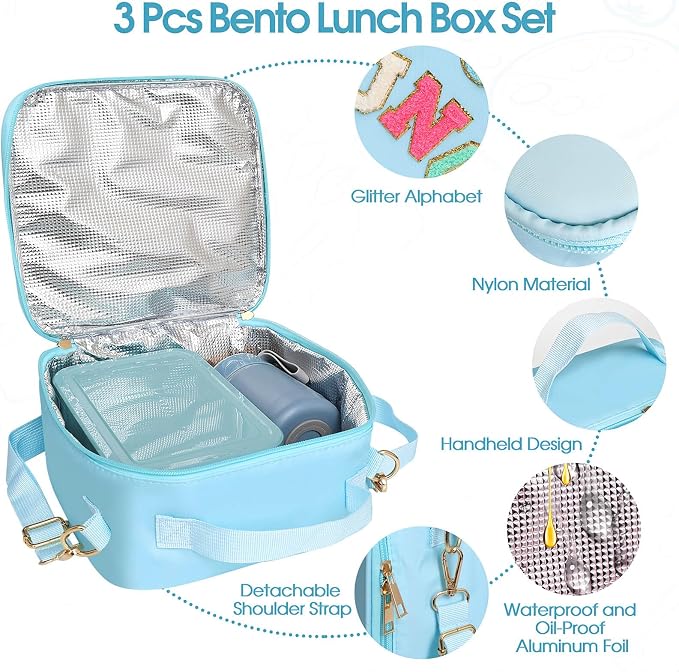 PainZieteg Lunch Box for Girl with 10oz Thermo 6 Compartment Bento Set Blue | Nylon Insulated Lunch Bag with Adjustable Strap, Ideal for Kids and Teens School, Travel and Picnic, Leakproof Thermal Pouch