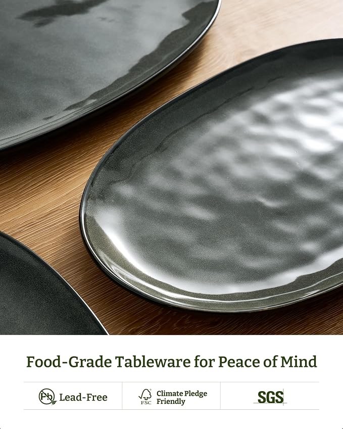 famiware Serving Platters Set of 3 Sizes - Oval, Deep Forest | 15.59"/14.3"/12.9" Fine Stoneware Serving Trays for Party, Entertaining for Food, Turkey, Cheese, Microwave Dishwasher Safe
