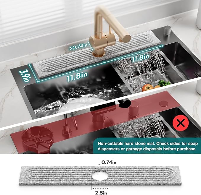 Stone Kitchen Sink Faucet Mat, Premium Upgraded Food Grade Diatomite Drying Stone Tray & Splash Guard, Fast Drying Sink Protector for Kitchen Counter, Dishwasher Safe (23.6" x 3.9")