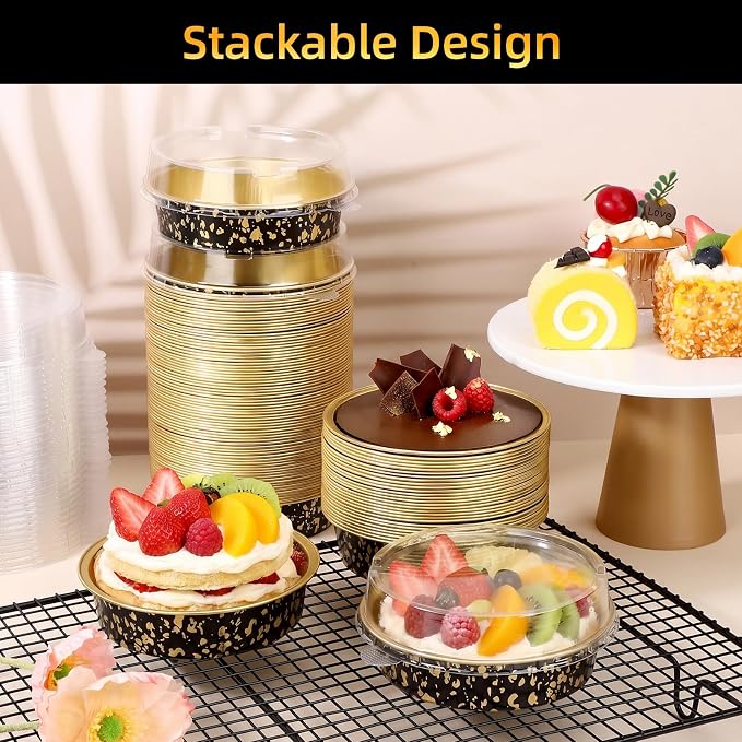 Beasea Mini Pie Pans with Lids, 120 Pack 4 Inch 7.3oz Disposable Cake Pans Aluminum Foil Pie Tart Baking Cups Tins Individual Dessert Containers Oven Dishes for Tart Cheesecake - Black Gold Speckles