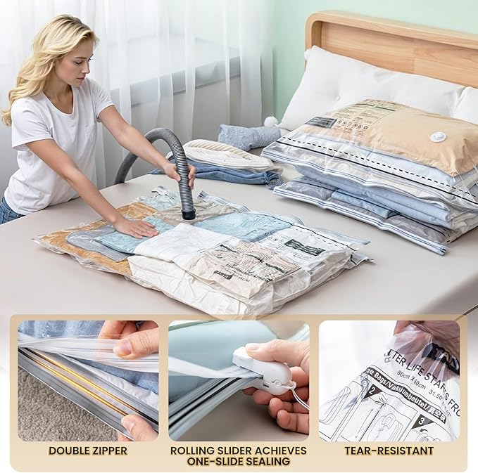 TAILI 6 Pack Vacuum Storage Bags, Jumbo LONG SIDE ZIP(39x28 inch), Clear | Vacuum Seal Bags for Clothing, Space Saver for Beddings, Comforters, Blankets, Pillows