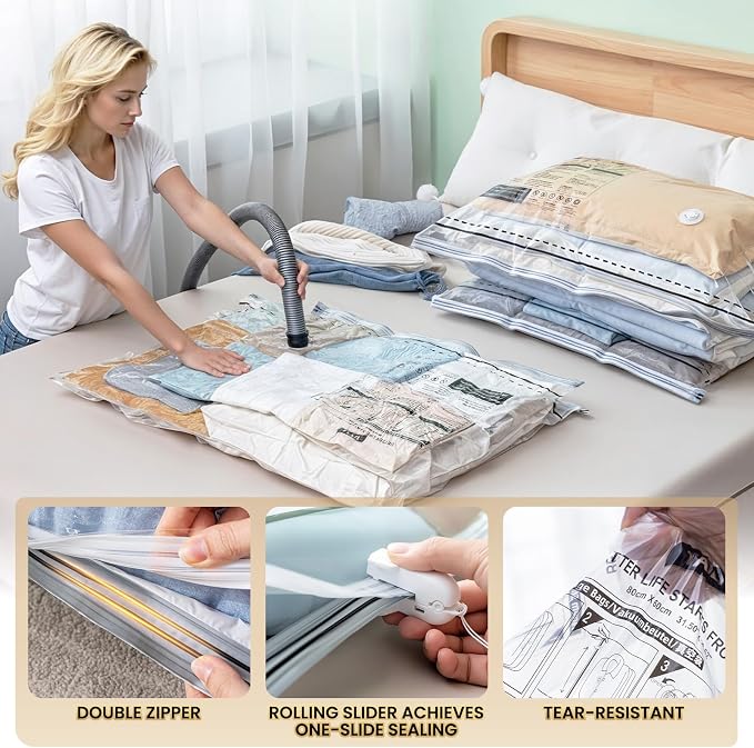 TAILI 8 Pack Vacuum Storage Bags, Jumbo LONG SIDE ZIP(39x28 inch), Clear | Vacuum Seal Bags for Clothing, Space Saver for Beddings, Comforters, Blankets, Pillows
