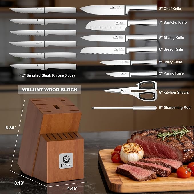 imarku 15-Piece Knife Block Set Built-in Sharpener, Japanese High Carbon Stainless Steel Kitchen Knife Set, Dishwasher Safe, Chef Knife Set with Wooden Knife Block, Santoku Knives for Kitchen Cooking | Japanese High Carbon Stainless Steel Kitchen Knife...