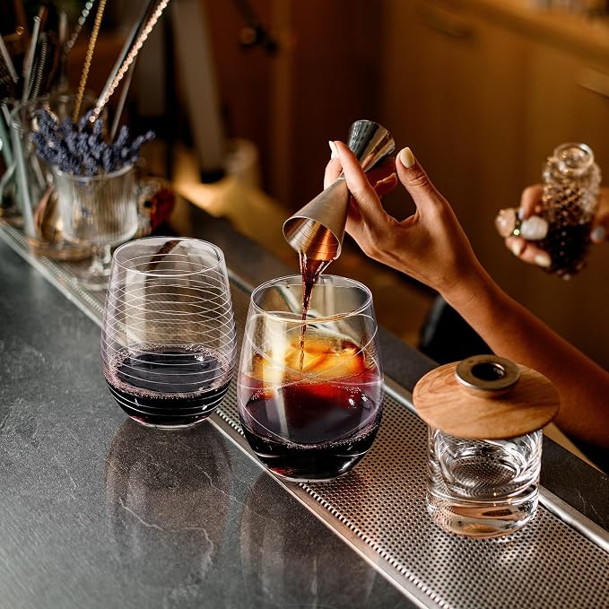Joeyan Hand Blown Etched Stemless Wine Glasses with Dots Strips Pattern for Red Wine,Large Carved Drinking Glass Cups Tumblers for Wedding Anniversary Party Home,Set of 4,17.5 oz
