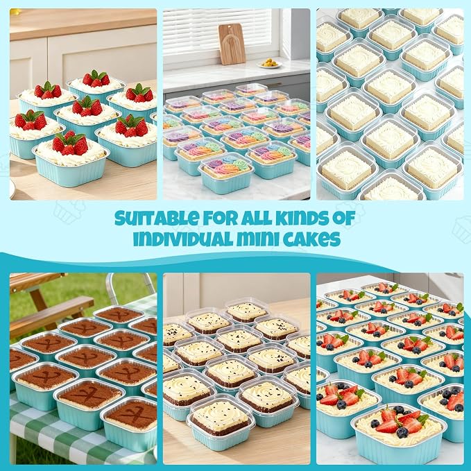 100 Pack 10oz Mini Cake Pans With Lids, Aluminum Foil Square Brownie Baking Cups,Disposable 4”x4” Large Cupcake Pan,Jumbo Muffin Tin Ramekins Holders (Light Blue)