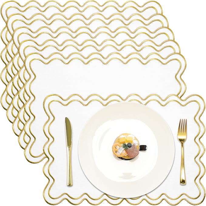 HunnmingRe White with Gold Set of 6 Cotton Linen Wedding Placemats, 13x19 Inch Scalloped Wavy Embroidery Placemat Double Layered Washable Rustic Rectangle Dinner Table Mat for Home Decor