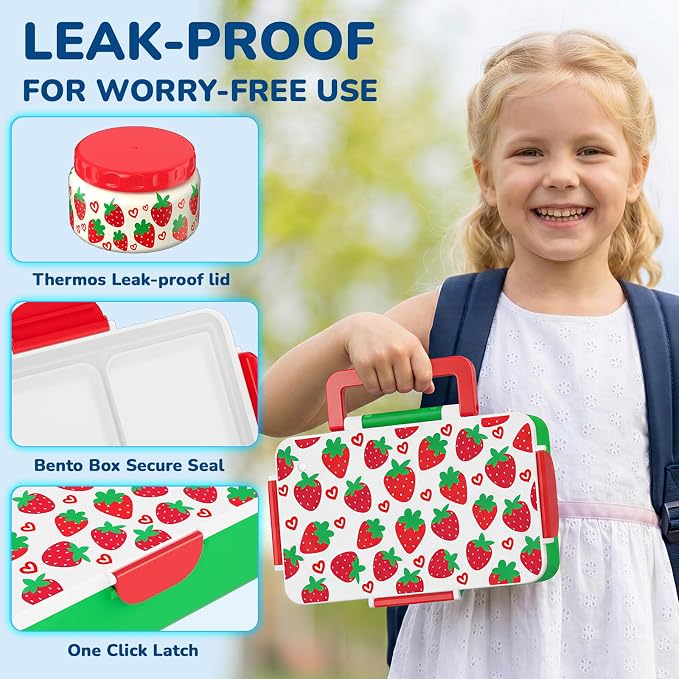 Bento Lunch Box for Kids–Strawberry Console Design with 12oz Insulated Stainless Steel Soup Jar and Built-in Ice Pack, 3-Compartment Leak-Proof Kids Bento Box for Boys Girls School Travel