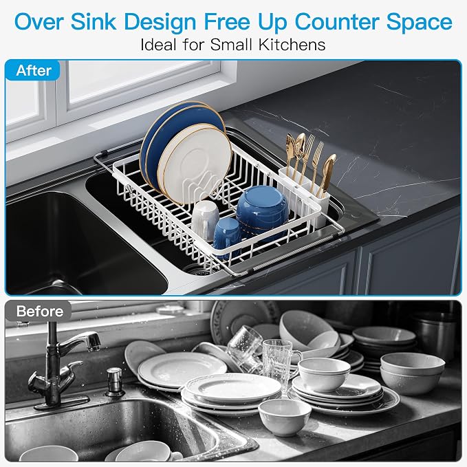 JASIWAY White Dish Drying Rack Over the Sink with Utensil Holder | Expandable Stainless Steel Dish Driainers for Small Kitchen, Counter Space Saving, Fast Drain, Rust Resistant, For Apartment