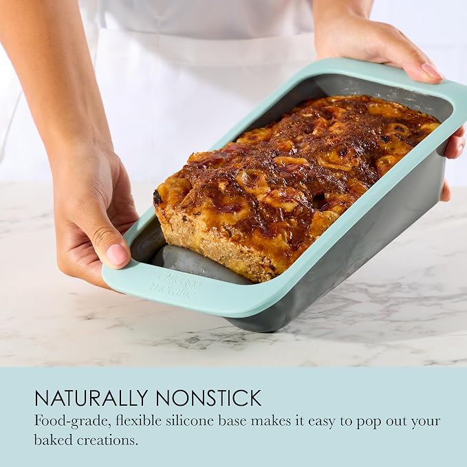 Chicago Metallic Silicone Loaf Pan, 9x5 Inch Nonstick Bread Pan for Baking, Wire-Reinforced Rim, Oven Safe to 428F, Flexible Bakeware for Bread, Meatloaf, and More, Blue