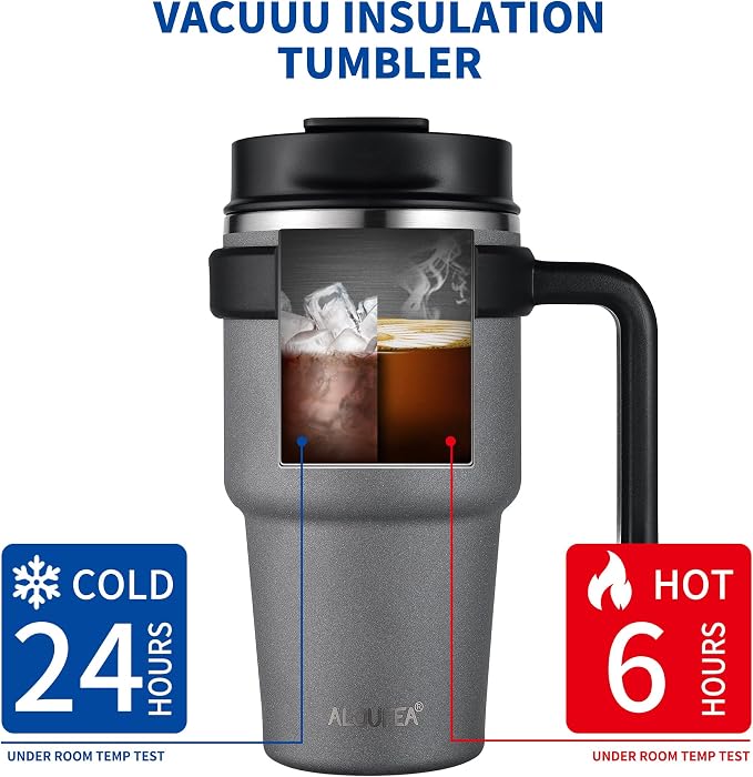 20 oz Insulated Travel Coffee Mug Tumbler with Handle and Straw | Leakproof Stainless Steel Coffee Cup with Lid, Double Wall Vacuum Ice Thermal Cup, Gray