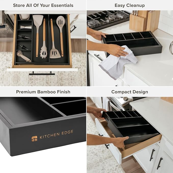 Utensil & Junk Drawer Organizer, 10.5-19 in, Black Bamboo | Food-safe contract grade, 100% sustainable wood, non-slip, adjustable