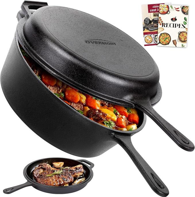 Overmont 2-in-1 Cast Iron Dutch Oven - 3.2QT Deep Pot with Lid Recipe | 10.5" Cast Iron Skillet with Frying Pan, Pre-seasoned Dutch Oven Multi Cooker, Oven Safe Cookware for Grill Camping Stewing