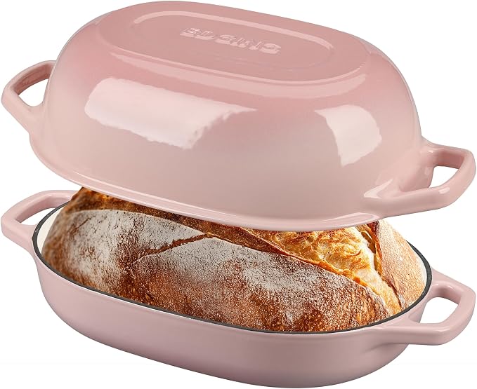 EDGING CASTING Enameled Cast Iron Oval Dutch Oven Pot with Lid, Dutch Oven for Sourdough Bread Baking, Bread Oven, Bread Dutch Oven, Oval Bread Pan, 7qt, Pink