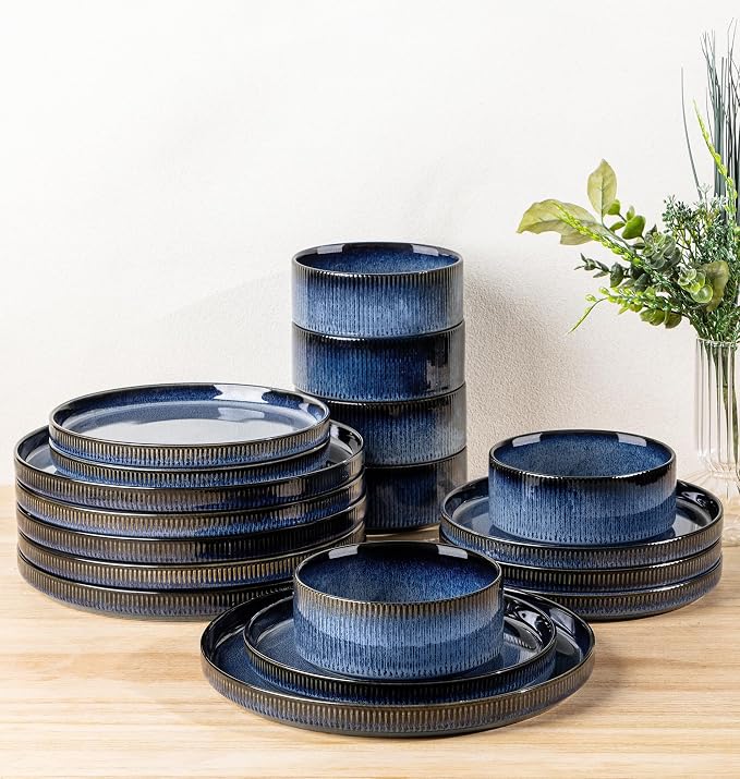 Ceramic Dinnerware Set for 6, 18-Piece Plates and Bowls Set | Lightweight Porcelain Dish Set, Scratch Resistant, Oven & Microwave & Dishwasher Safe, Starry Blue