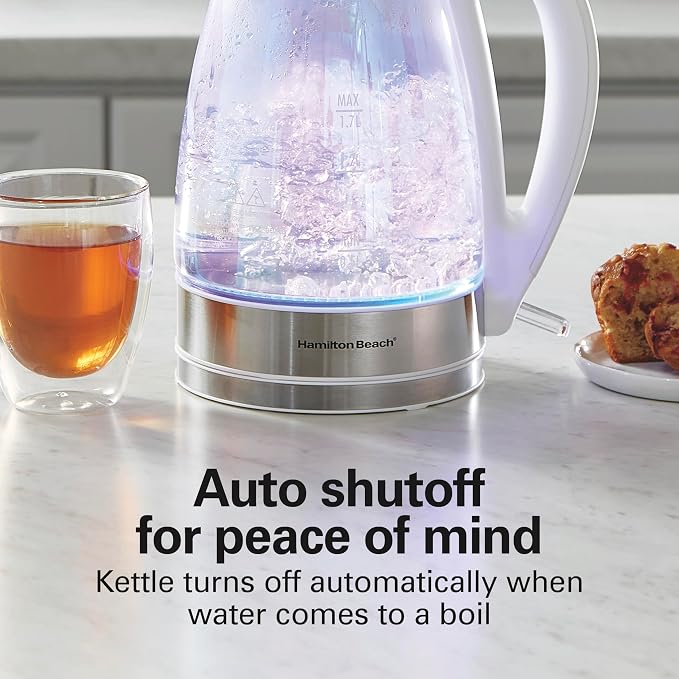 Hamilton Beach 1.7 Liter Electric Tea Kettle, Water Boiler & Heater | Fast Boiling 1500 Watts | BPA Free | Cordless Serving | Auto-Shutoff & Boil-Dry Protection | LED Indicator | Iridescent Glass