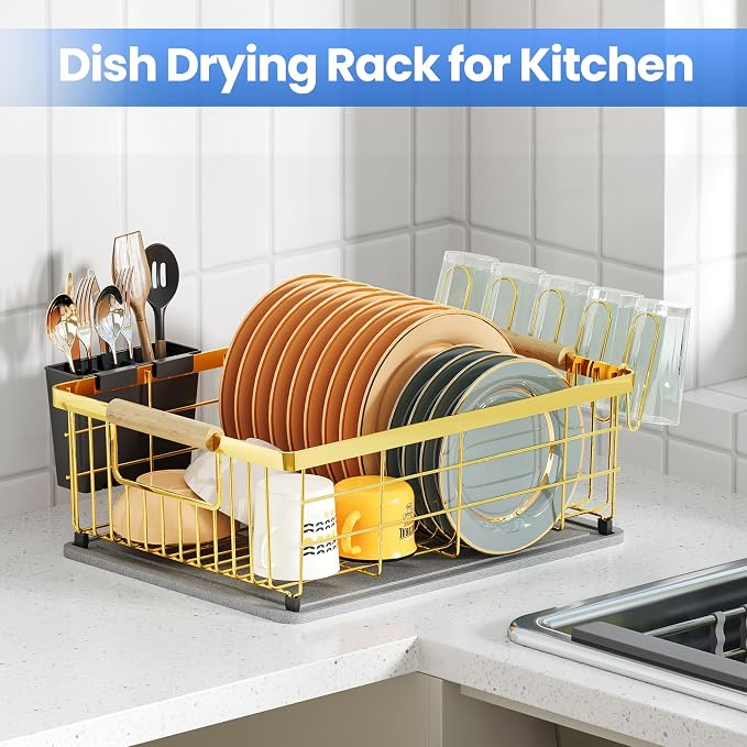 Dish Drying Rack Gold with Diatomaceous Earth No Installation Required | Save Space
