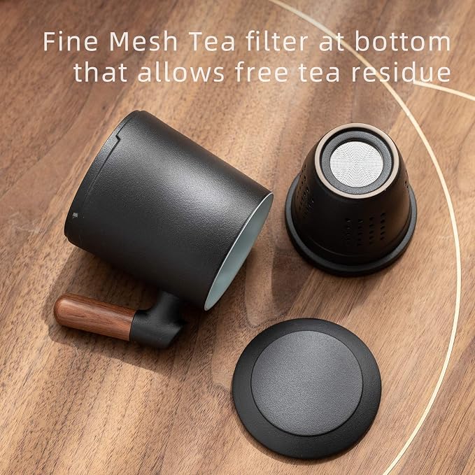 ZENS Tea Cup with Infuser and Lid for Loose Leaf Tea Steeper, 12oz Black | Embossed Ceramic Tea Infuser Mug with Fine Strainer for Herbal Tea Lovers Gifts, Vintage Wood Handle