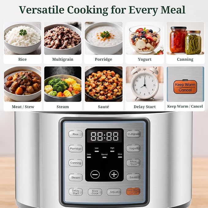 10-in-1 3QT Electric Pressure Cooker for Rice and Stews | Ceramic Nonstick Inner Pot, One Touch Controls, Keep Warm Mode, 700W, Stainless Steel Housing, Accessories Included, Silver