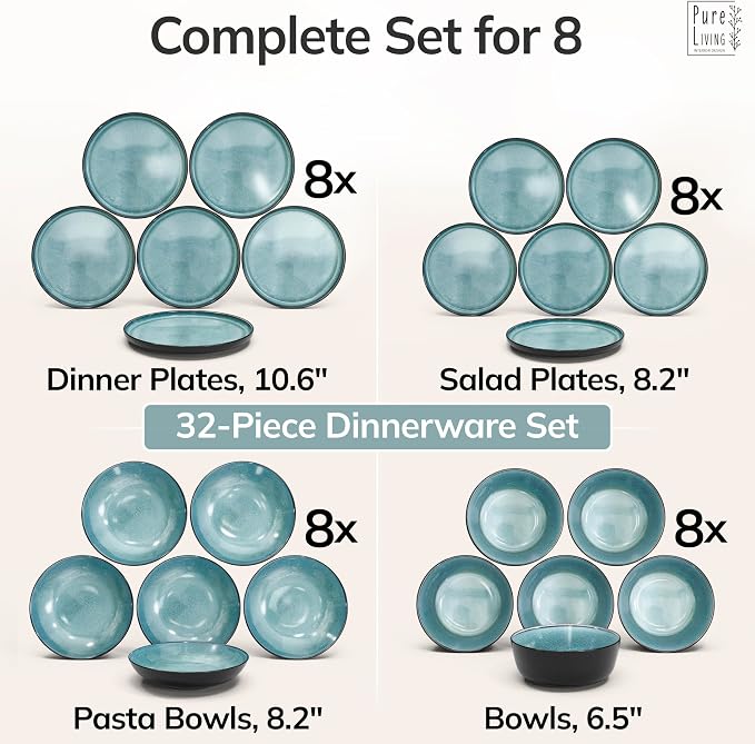 32 Piece Stoneware Dinnerware Set for 8 - Handmade Reactive Glaze Plates and Bowls Set - Chip & Scratch Resistant Dish Set - Dishwasher Microwave Safe - Dark Petrol Blue