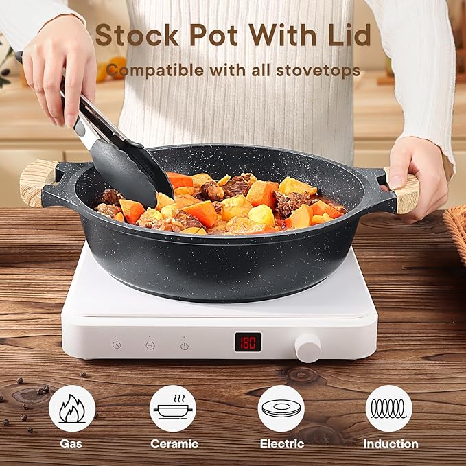 GiPP 6QT Nonstick Stock Pot with Lid Soup Pot,12.6 Inch Non Toxic Stockpot for Cooking,Stew Pot with Nonstick Ceramic Coating,Non Stick Cooking Pot Compatible with All Stoves,PFAS/PTFE/PFOA Free,Gray