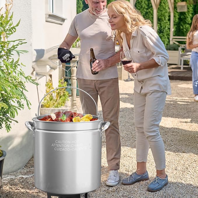 Bonnlo 102QT Stainless Steel Stock Pot for Boiling Seafood, Crawfish lobster & Crab, Frying Turkey & Steaming Tamales, Large Boil Pot with Steamer Basket, Lid, Lifting Hook for Outdoor Cooking Patio