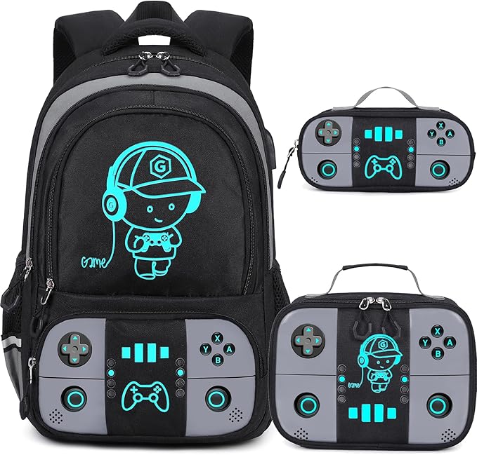 Backpack for School Boys, Cool Luminous Gamer Boys Schoolbag | with Lunch Box & Pencil Case Set for Kids Teens Elementary Middle School, Bookbag Glow In The Dark