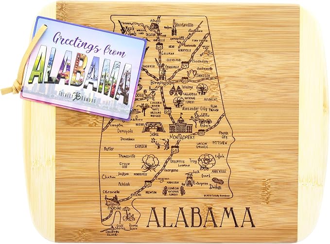 Totally Bamboo A Slice of Life Alabama Engraved Map Cutting Board | 11” x 8.75” charcuterie board with engraved state map artwork. Smooth reverse side for food prep. Hang tie for wall display.