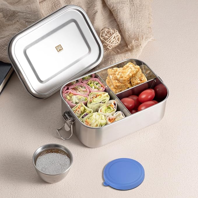 GOLDEN KEY 27oz Stainless Steel Bento Box for Kids,800ml Stainless Steel Lunch Box with Leakproof Condiment Container,3 Compartment Snack Containers for On the Go Meal,Freezer & Dishwasher Safe (Blue)