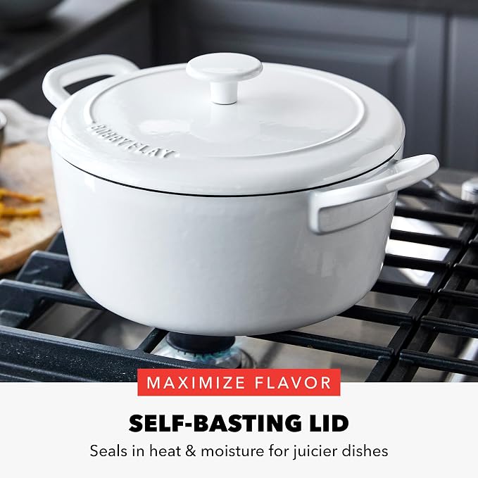 GreenPan x Bobby Flay 5.5QT Enameled Cast Iron Dutch Oven With Lid, White | Casserole Pot for Braising, Stews, Bread Baking & Searing, Self-Basting Lid, Induction Ready, Oven Safe To 500