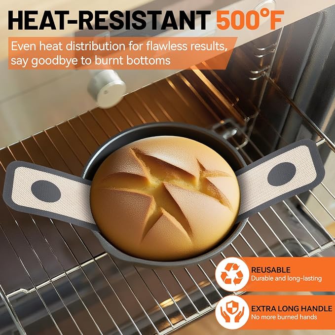 HOTEC 2 Pcs Silicone Bread Sling for Dutch Oven, 0.7MM Thickened Heat Resistant to 500°F Non-Stick Baking Mat with Long Handle Easy to Transfer Sourdough Bread, Dutch Oven Liners Baking Supplies