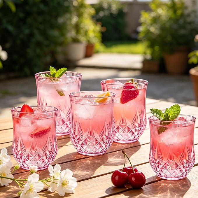 40 Pack 12 Oz Plastic Stemless Wine Glasses, Pink | Unbreakable, Reusable, Elegant Vintage Design, Fancy Cocktail Cups, Whiskey, Champagne, Wedding, Party, Bars, Holiday Events