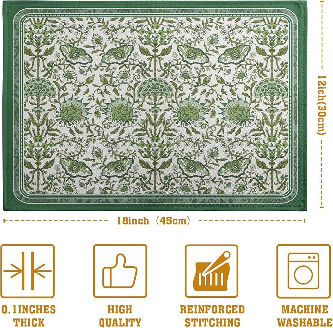 Green Floral Boho Placemats Set of 4, 12x18 Inch Vintage Chinoiserie Block Print Place Mats Seasonal Spring Summer Rustic Farmhouse Table Mats for Party Kitchen Dining Outdoor Indoor Decor