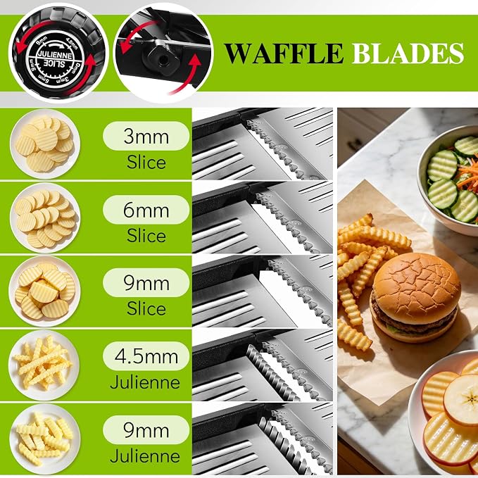 Mandoline Slicer for Kitchen, Adjustable Stainless Steel Food Slicer | Vegetable Chopper Onion Waffle French Fry Cutter Potato Chip Julienne Slicer with Safety Gloves & Cleanning Brush