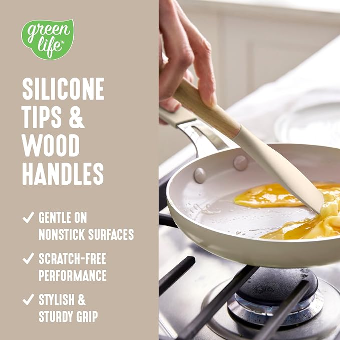 GreenLife 11 Piece Silicone Utensil Crock Set, Nonstick Kitchen Tools, Ladle, Turner, Slotted Turner, Spatula, Spoon, Spaghetti Server, Brush, Whisk, Tongs, Crock, Taupe