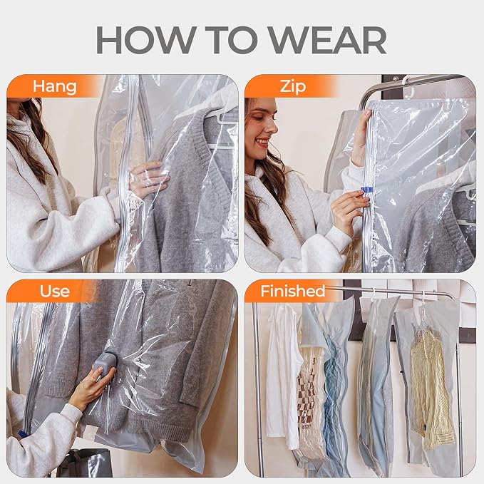 Vacbird Hanging Vacuum Storage Bags for Clothing 8 Pack Hanging Vacuum Seal Bags for Clothing Suit Bags Closet Storage, Hanging Plastic Clothes Cover for Coat, Dress, Fur, Shirt