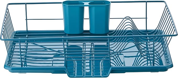 Sweet Home Collection 3 Piece Dish Drainer Rack Set with Drying Board and Utensil Holder, 12" x 19" x 5", Teal(Pack of 1)