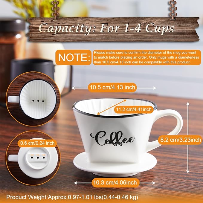 DAYYET Pour Over Coffee Maker, Ceramic Coffee Dripper, Easy Manual Slow Brewing Accessories for Home, Cafe, Coffee Bar Accessories and Kitchen Decor, Filter Size 2, White