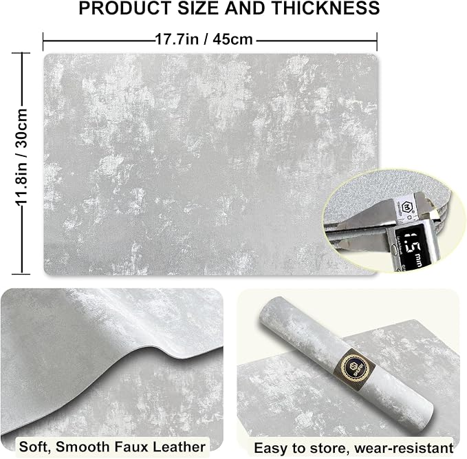 Faux Leather Placemats Set of 4, 11.8"x17.7", Silver-Gray | Reversible Table Mats, Waterproof, Stain & Heat Resistant, Easy Clean for Dining, Gatherings, Outdoor