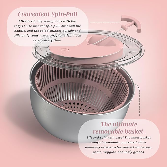 COOK WITH COLOR Stainless Steel Salad Spinner - 5 Qt. Lettuce Washer And Vegetable Spinner Dryer for Easy Salad Prep - Non Slip Base with Pull Handle - Auto Stop Brake System, Stain and Odor Resistant
