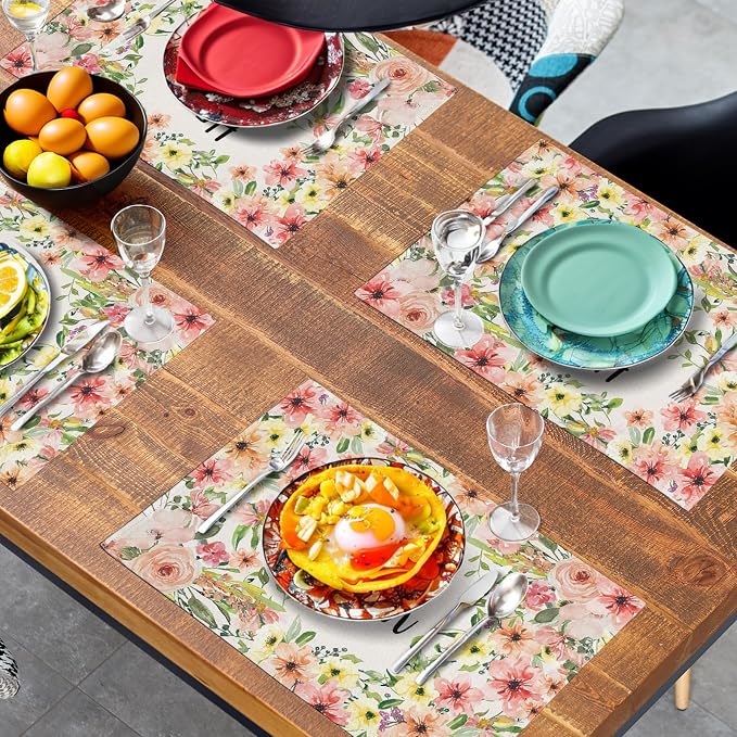 He is Risen Placemats Set of 4 Spring Easter Christian Cross Religious Flowers Kitchen Table Mats Seasonal Easter Holiday Linen Fabric Place Mat for Party Kitchen Dining Decoration