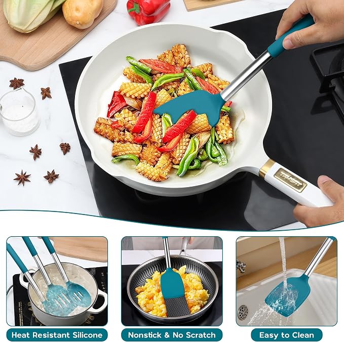Onader 15pcs Kitchen Cooking Utensils Set with Holder, Onader Heat Resistant Silicone Kitchen Utensils Spatula Set with Stainless Steel Handle - Blue
