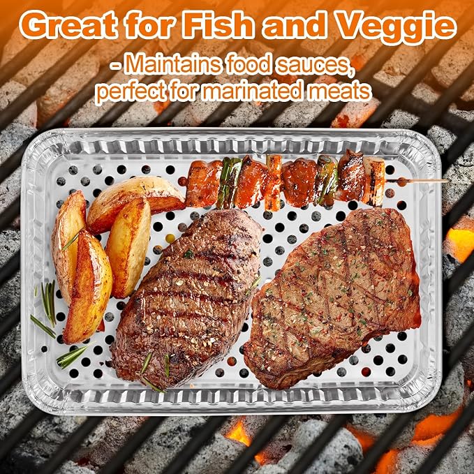 CYEAH 16 x 12 in Large Aluminum Foil Grill Topper Pans, 20 Pcs BBQ Grill Topper Pan with Holes, Non Viscous Aluminum Foil BBQ Grilling Tray for Cooking & Camping, No Clean Up Required