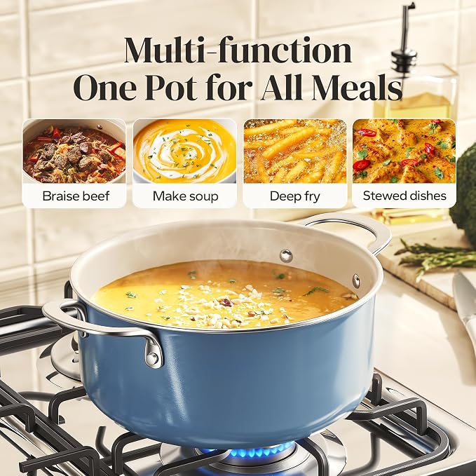 Redchef Ceramic Stock Pot, Induction Cooking Pot with Glass Lid for Soup, 5Qt Stockpot Nonstick Soup Pot, Even Heating, Stay-Cool Handles,Fits All Stoves, Oven/Dishwasher Safe, PFAS Free (Blue)