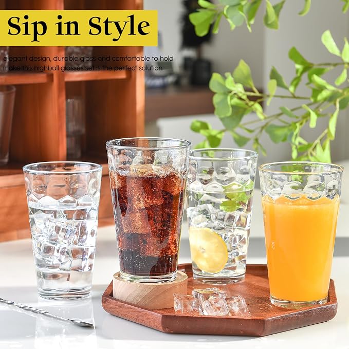 ALINK 16 oz Drinking Glasses, Set of 6 Highball Glass Cups Bar Glasses, Clear Heavy Base Stemmed Water Glasses for Beer, Iced Coffee Cups, Cocktail Glasses, Wine, Iced Tea, Dishwasher Safe