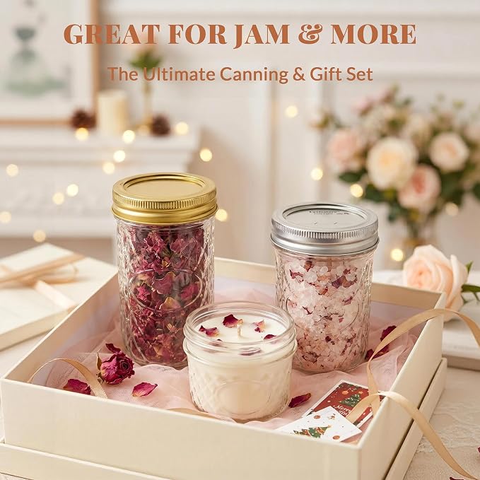 CycleMore 24 Pack Mixed Size Glass Mason Jars, Canning Jars With Split Lids | AirTight, BPA Free, 4 OZ x 8, 8 OZ x 8, 12 OZ x 8 (4oz -8oz-12oz), Ideal for Jam, Honey, Wedding Favors, Spice Jars & DIY